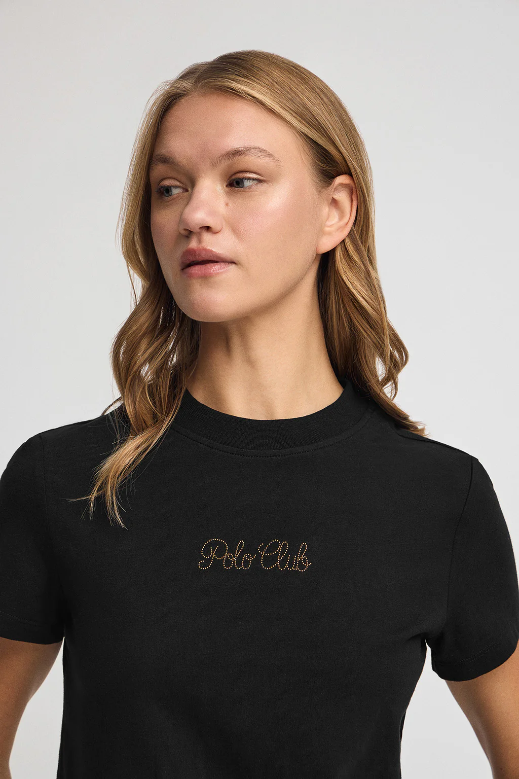Black short-sleeve boxy-fit T-shirt with Polo Club rhinestone logo