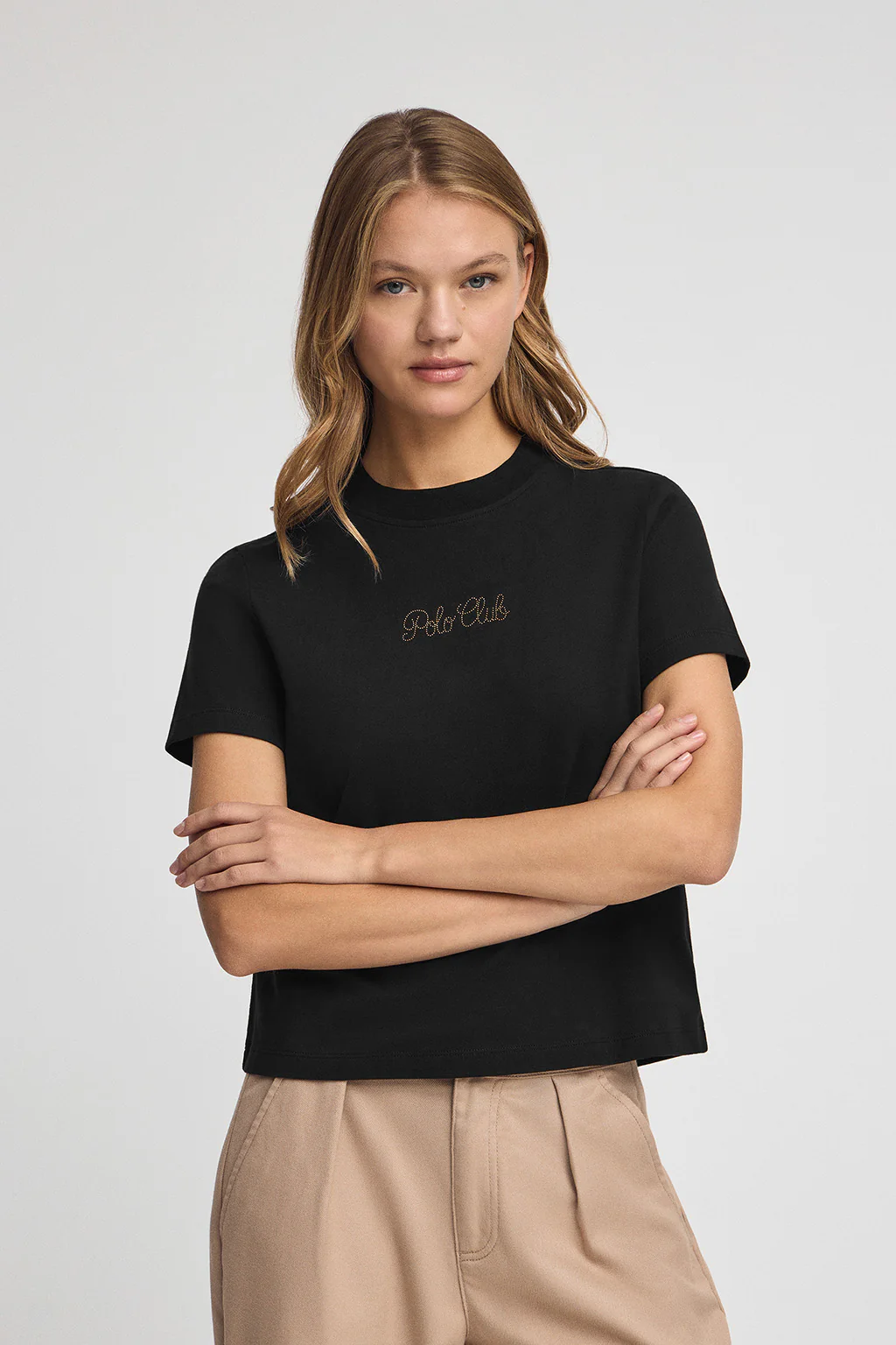 Black short-sleeve boxy-fit T-shirt with Polo Club rhinestone logo - Image 3