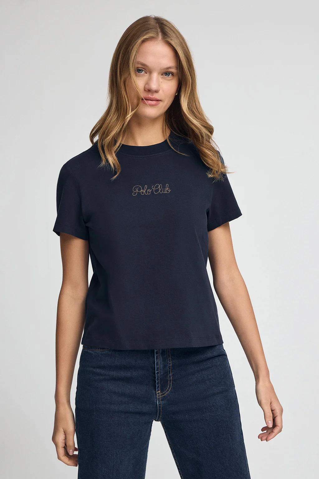 Navy-blue short-sleeve boxy-fit T-shirt with Polo Club rhinestone logo - Image 2