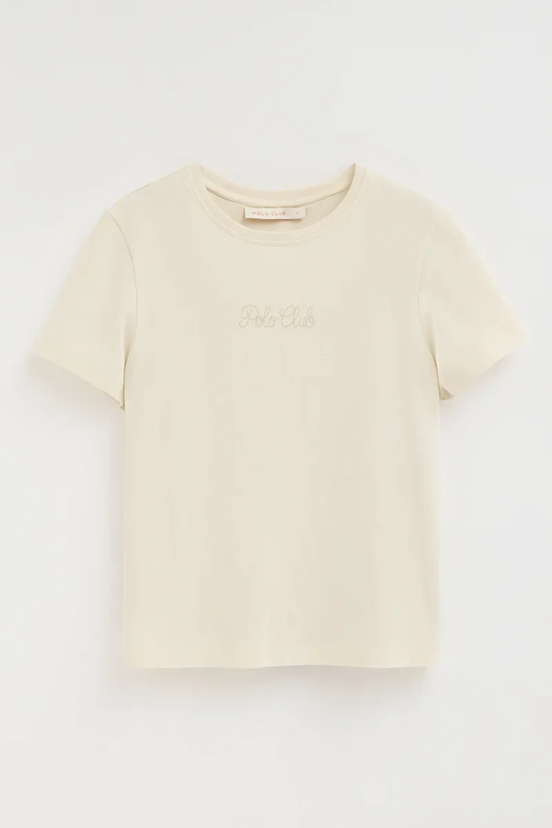 Cream short-sleeve T-shirt with Polo Club rhinestones - Image 9