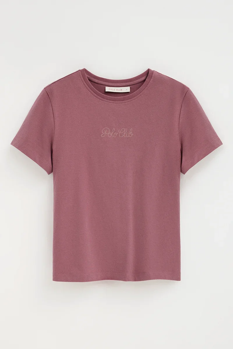 Retro-pink short-sleeve T-shirt with Polo Club rhinestones - Image 6