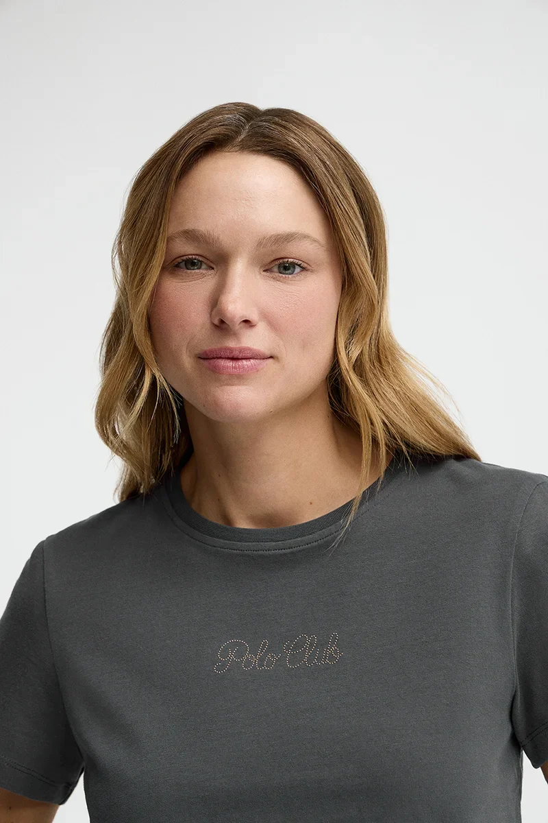 Stone-grey short-sleeve T-shirt with Polo Club rhinestones - Image 3