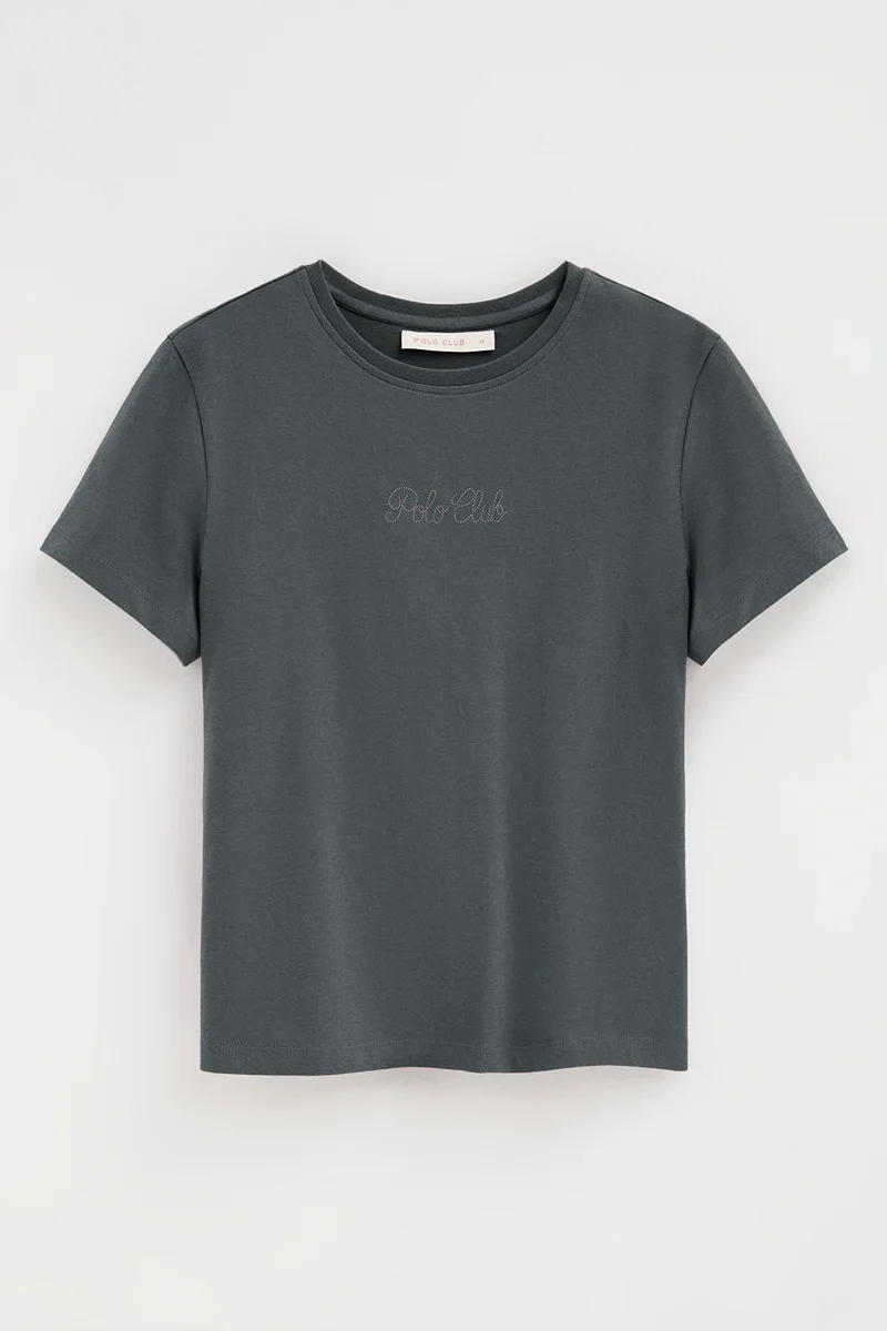 Stone-grey short-sleeve T-shirt with Polo Club rhinestones - Image 9