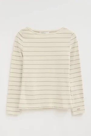 Striped T-shirt in cream and light brown with boat neck and Polo Club logo - Image 10