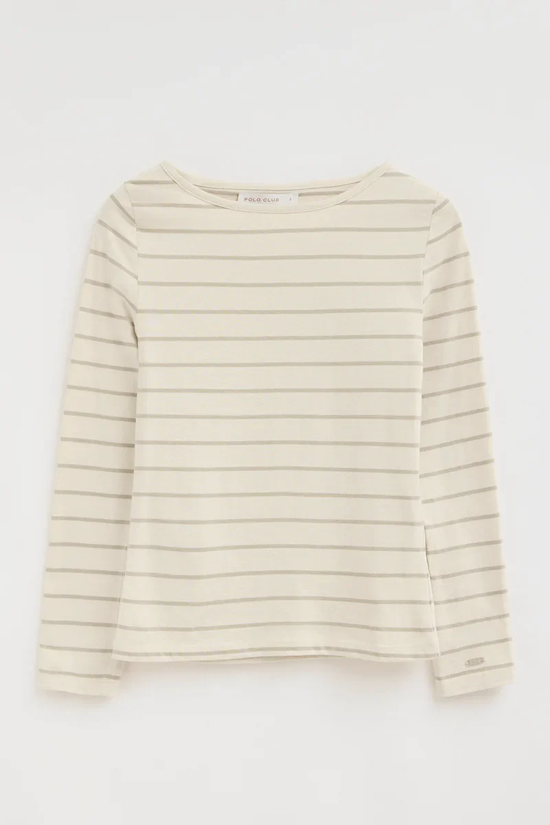 Striped T-shirt in cream and light brown with boat neck and Polo Club logo - Image 6