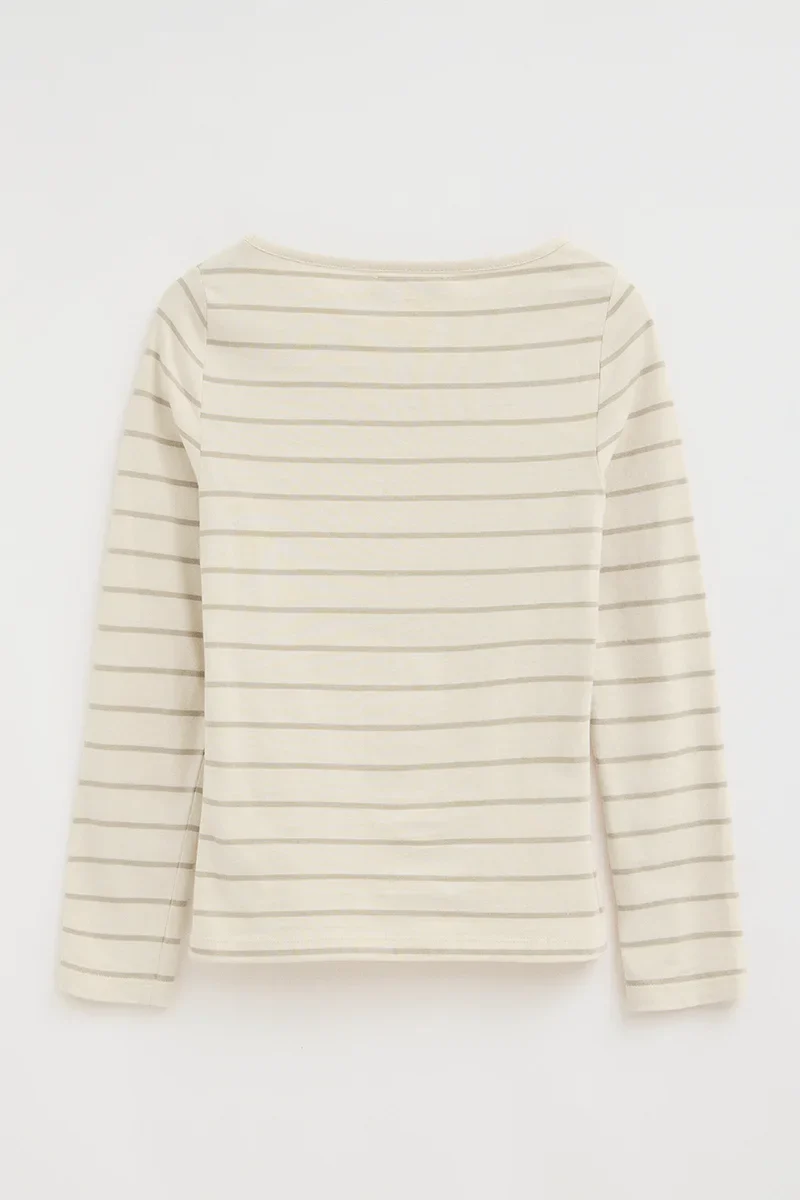 Striped T-shirt in cream and light brown with boat neck and Polo Club logo - Image 8