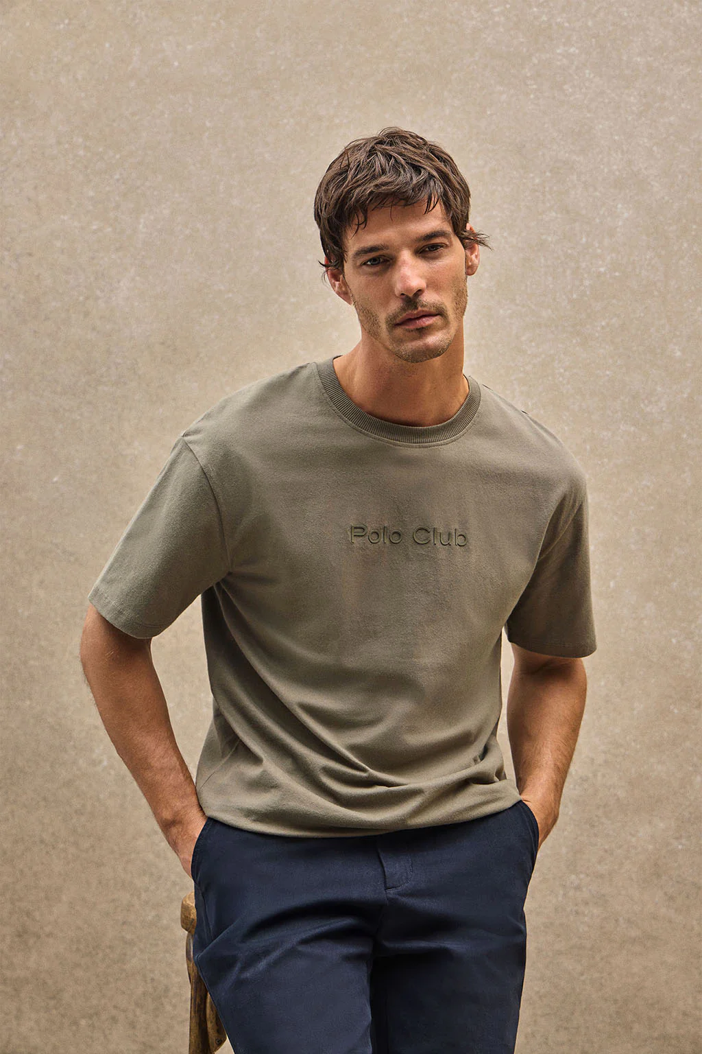 Army-green short-sleeve T-shirt with Polo Club rubber logo