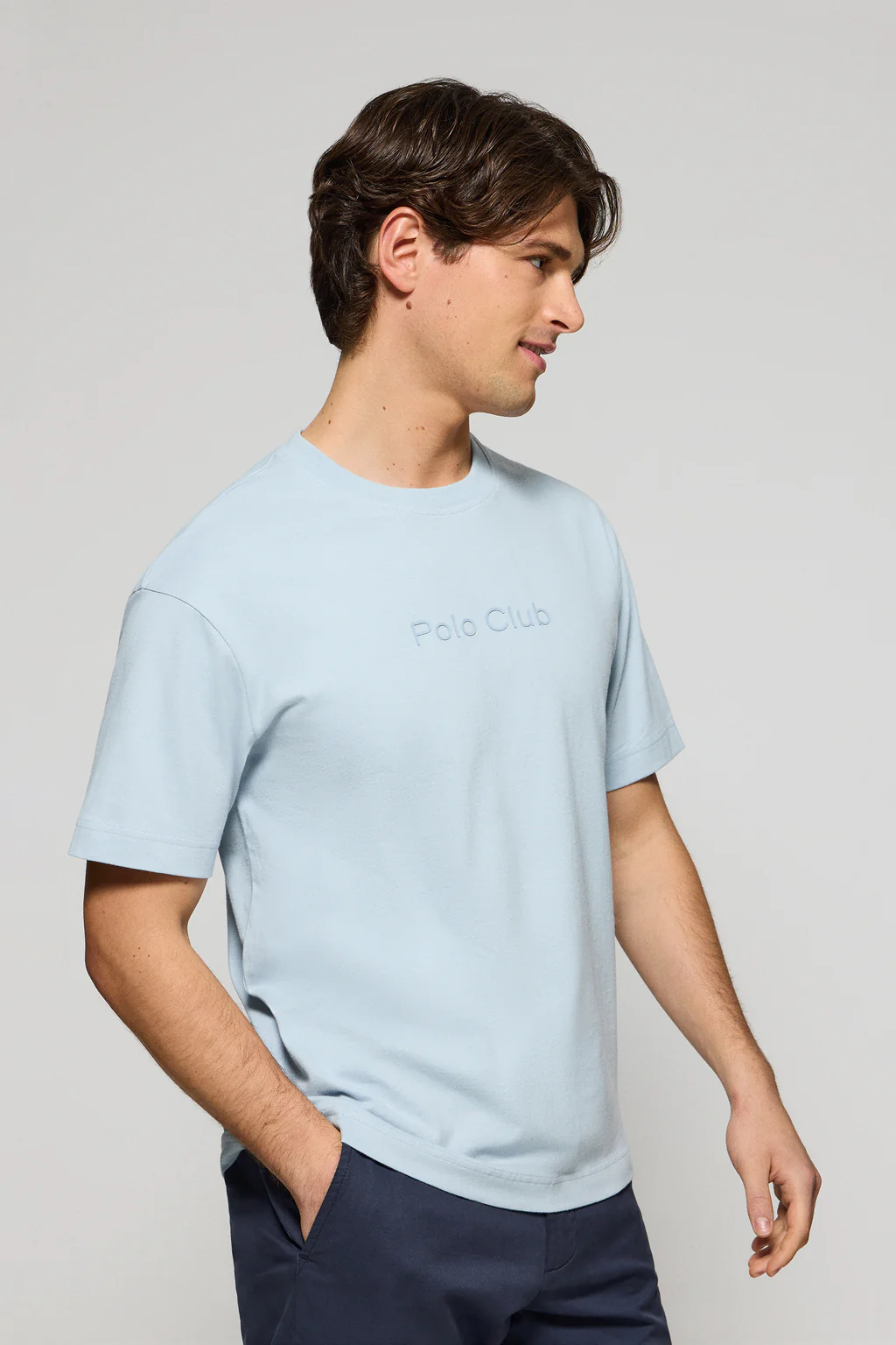 Light-blue round-neck short-sleeve tee with Polo Club logo