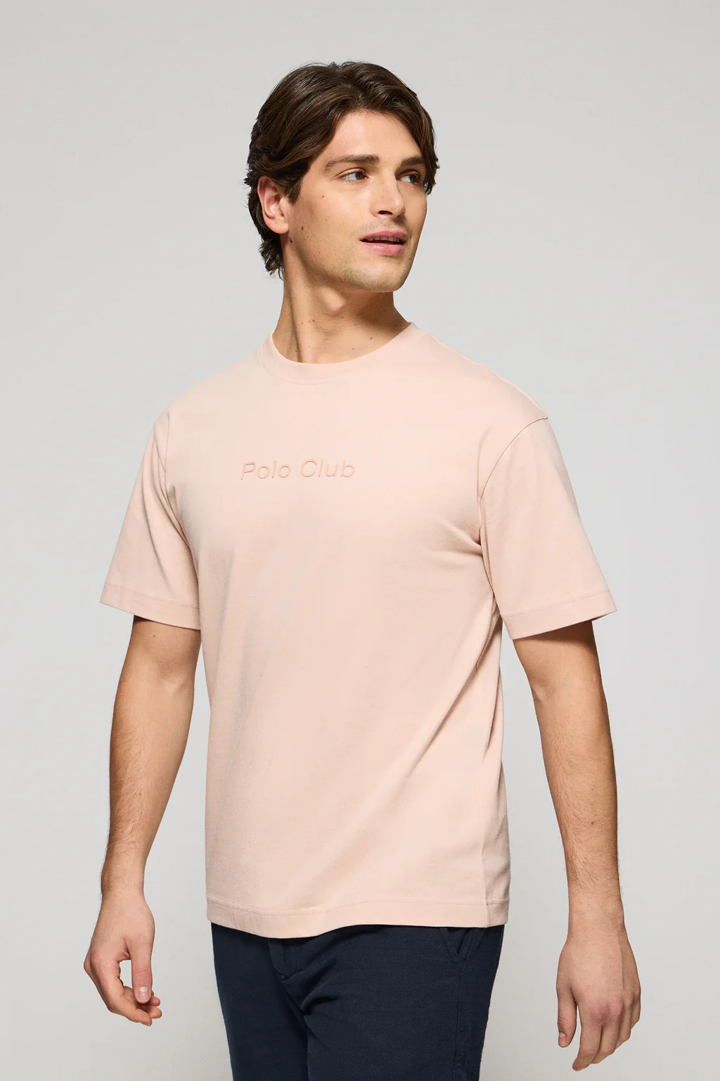 Blush-pink round-neck short-sleeve tee with Polo Club logo