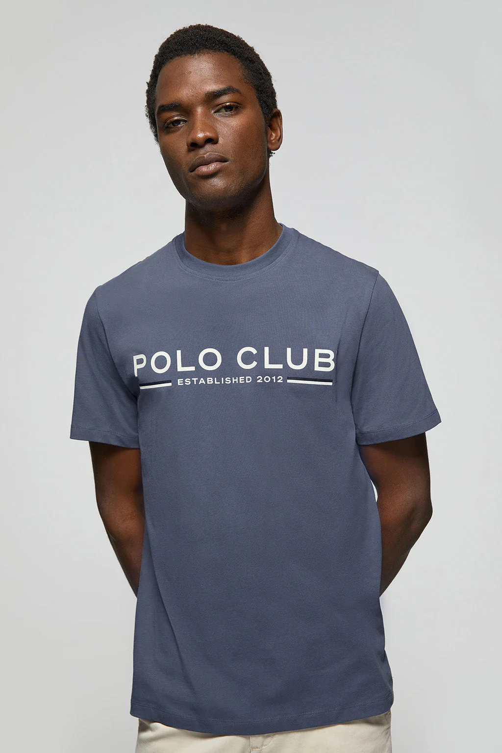 Denim-blue basic T-shirt with chest iconic print