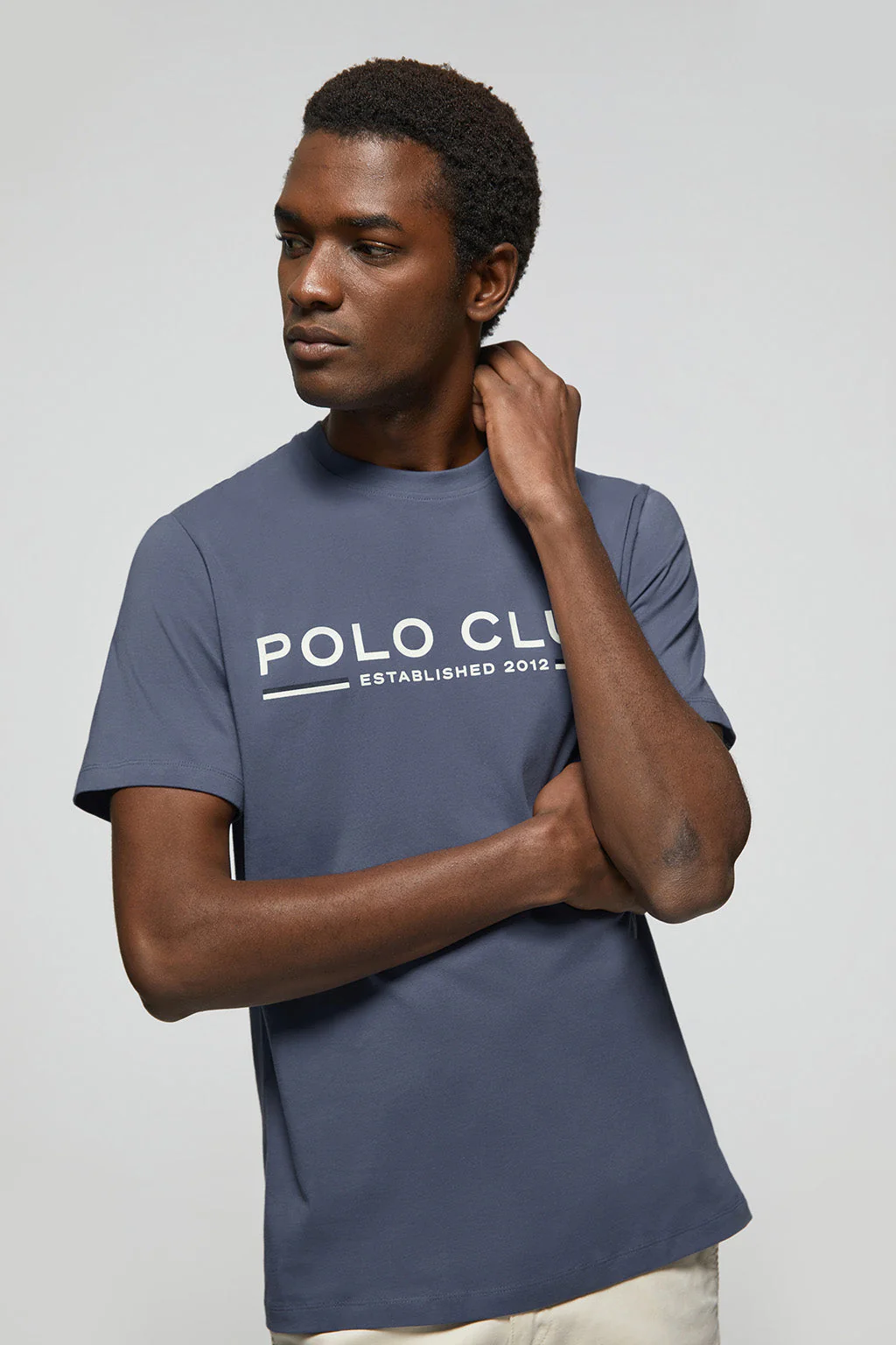 Denim-blue basic T-shirt with chest iconic print - Image 2