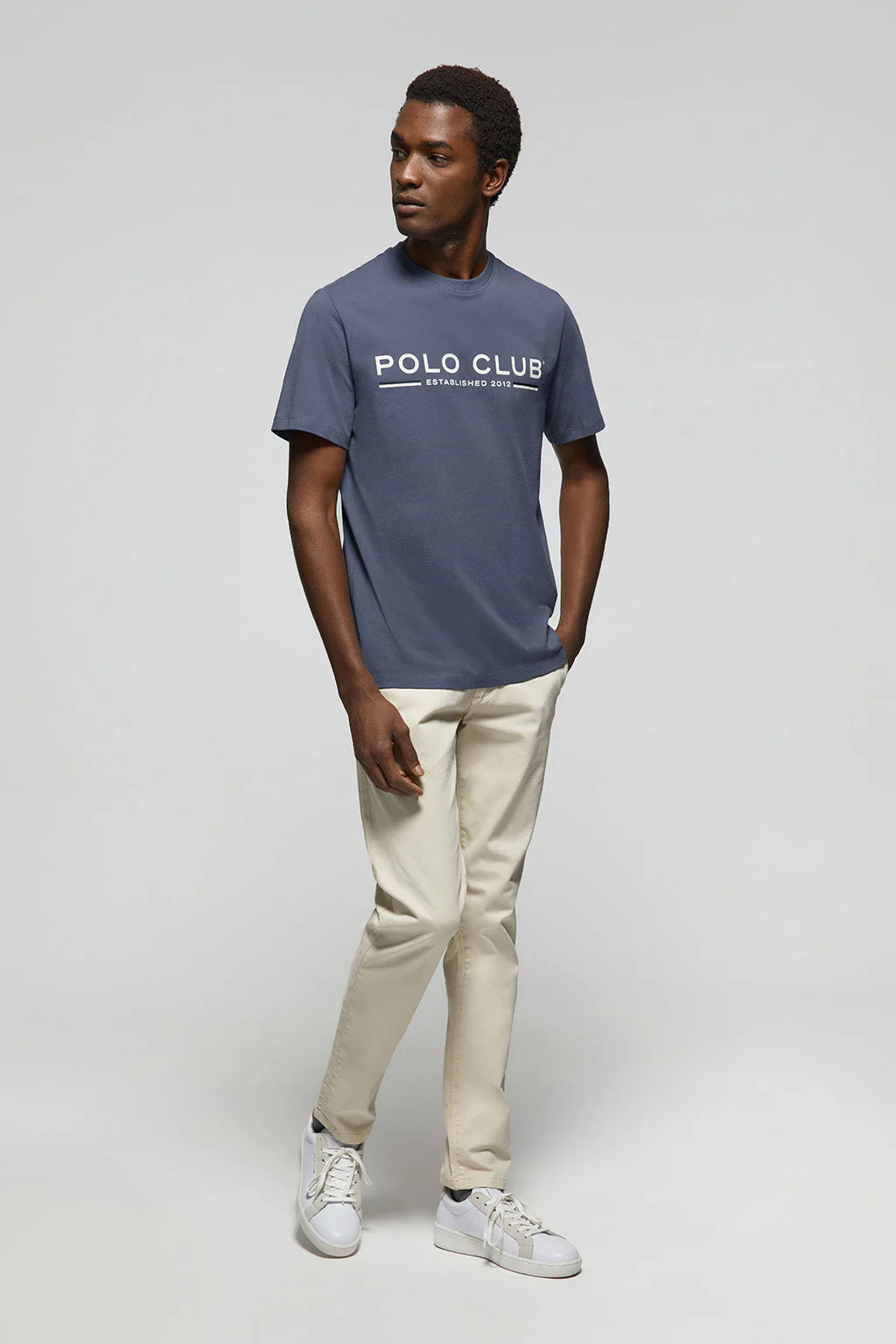 Denim-blue basic T-shirt with chest iconic print - Image 3