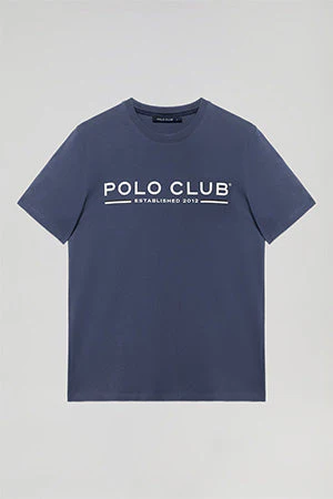 Denim-blue basic T-shirt with chest iconic print - Image 9