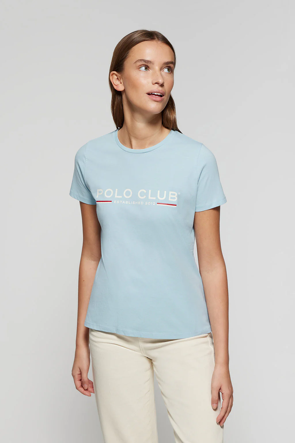 Sky-blue basic T-shirt with chest iconic print