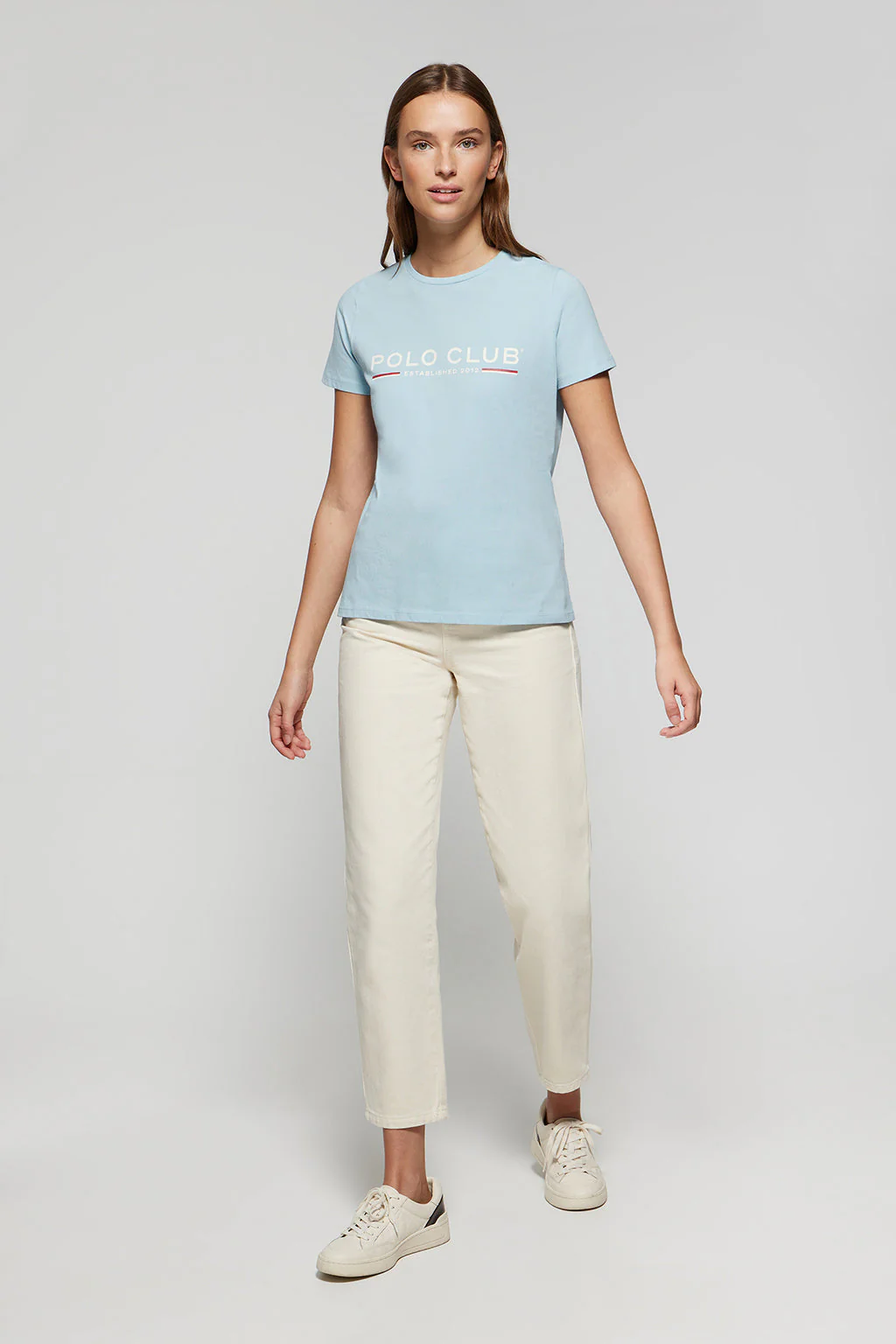Sky-blue basic T-shirt with chest iconic print - Image 3