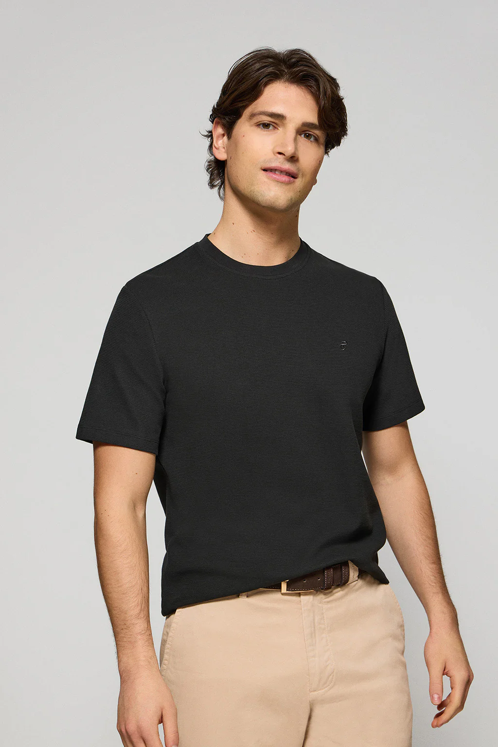 Black microstructured tee with PC embroidered monogram