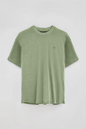 Jade-green round-neck T-shirt in linen and cotton with embroidered monogram - Image 8