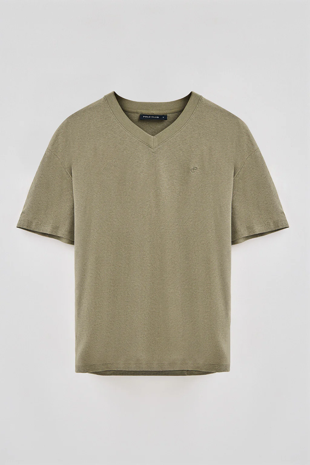 Green V-neck T-shirt in linen and cotton with embroidered monogram - Image 5