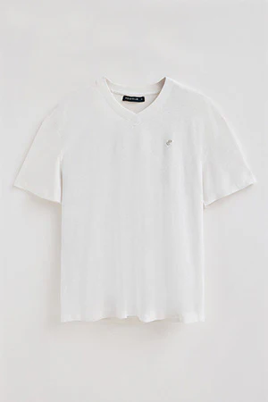 White V-neck T-shirt in linen and cotton with embroidered monogram - Image 8