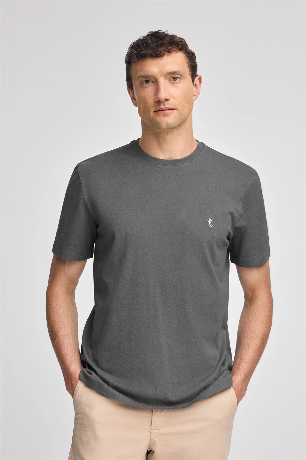 Asphalt-grey round-neck basic T-shirt with Rigby Best embroidery