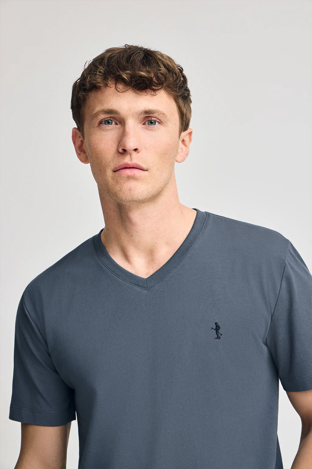Denim-blue short-sleeve V-neck T-shirt with Rigby Best embroidery - Image 3