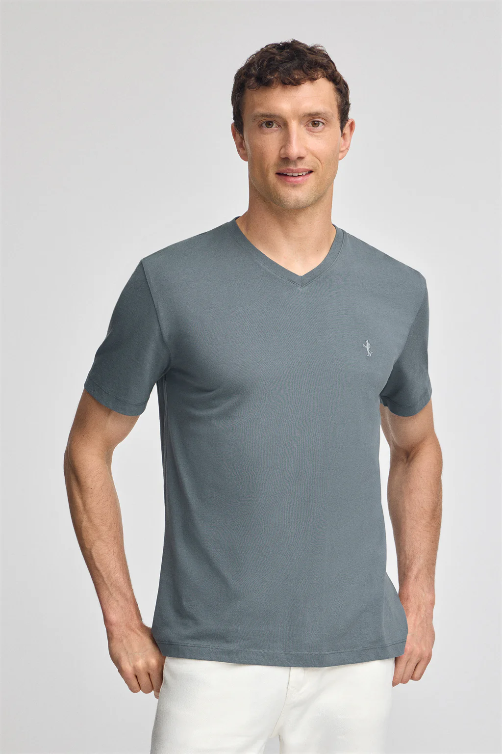 Stone-grey short-sleeve V-neck T-shirt with Rigby Best embroidery