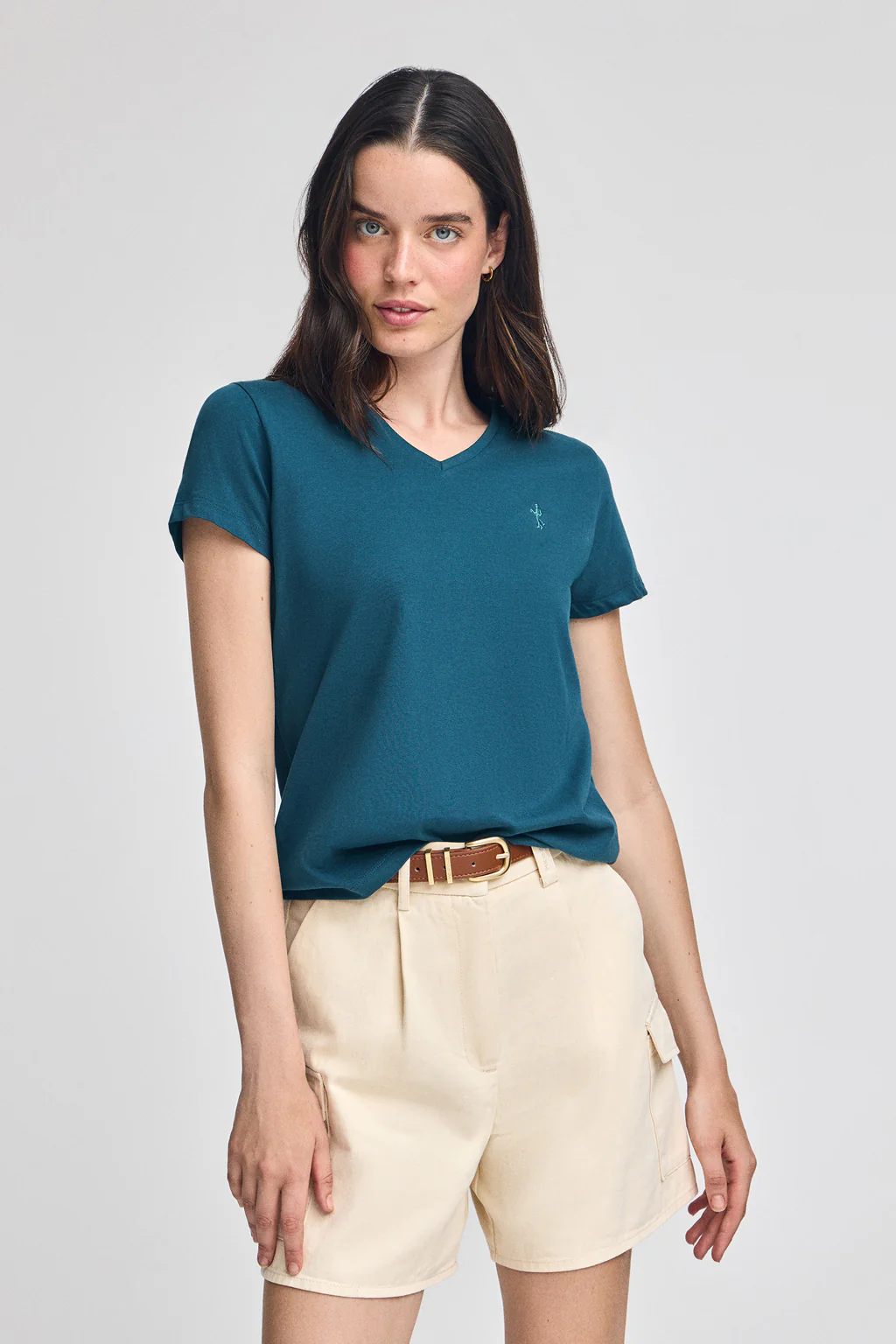 Greenish-blue V-neck T-shirt with Rigby Best embroidery