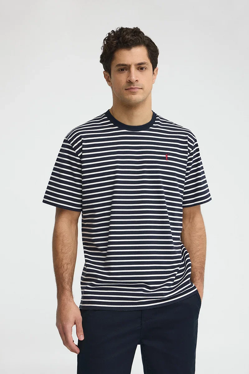 Striped loose-fit T-shirt in navy blue and nude with Rigby Go logo