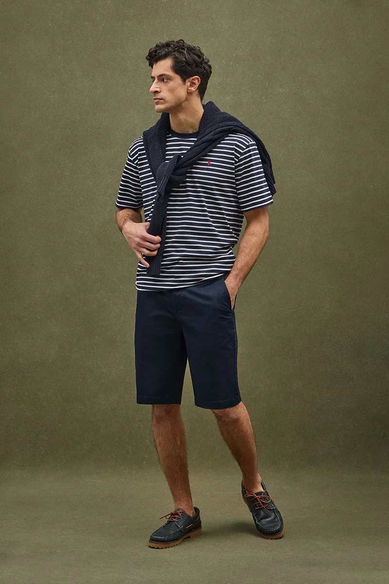 Striped loose-fit T-shirt in navy blue and nude with Rigby Go logo - Image 2