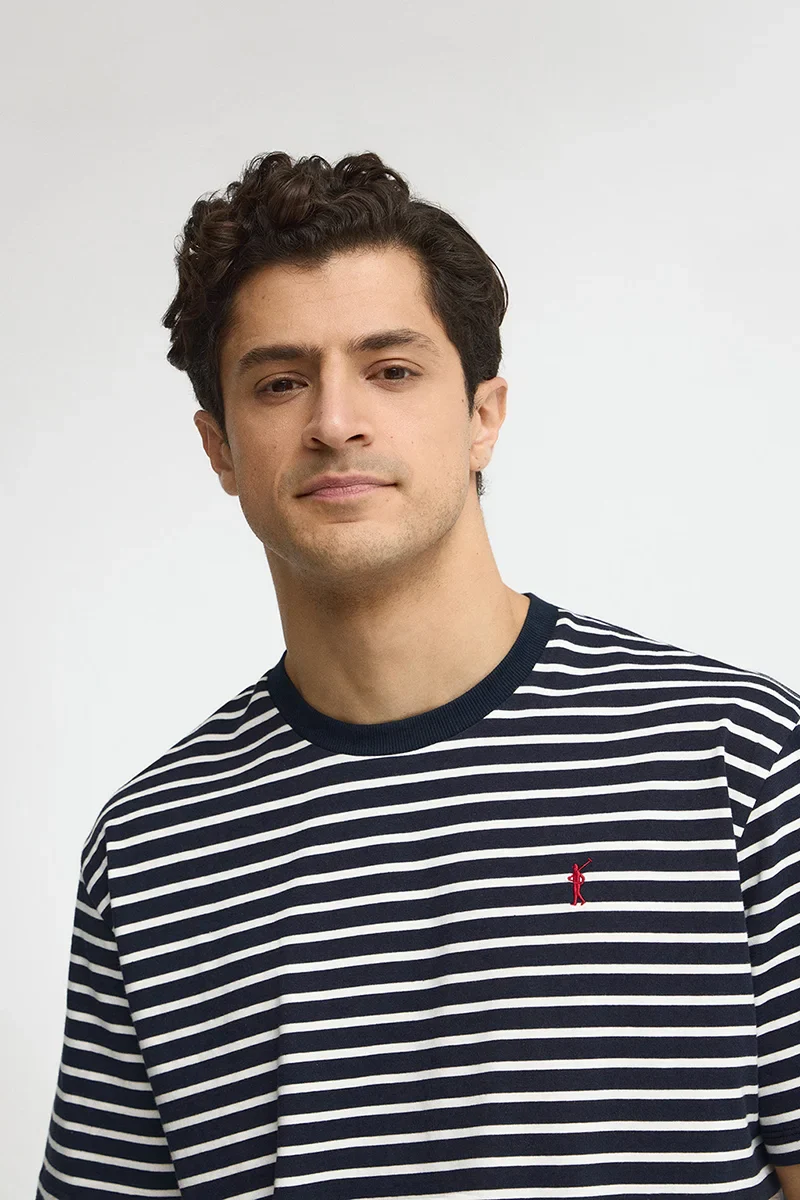 Striped loose-fit T-shirt in navy blue and nude with Rigby Go logo - Image 3
