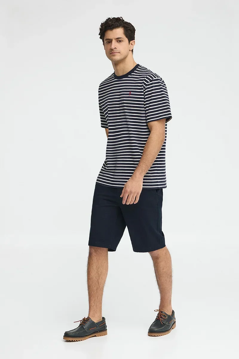Striped loose-fit T-shirt in navy blue and nude with Rigby Go logo - Image 4