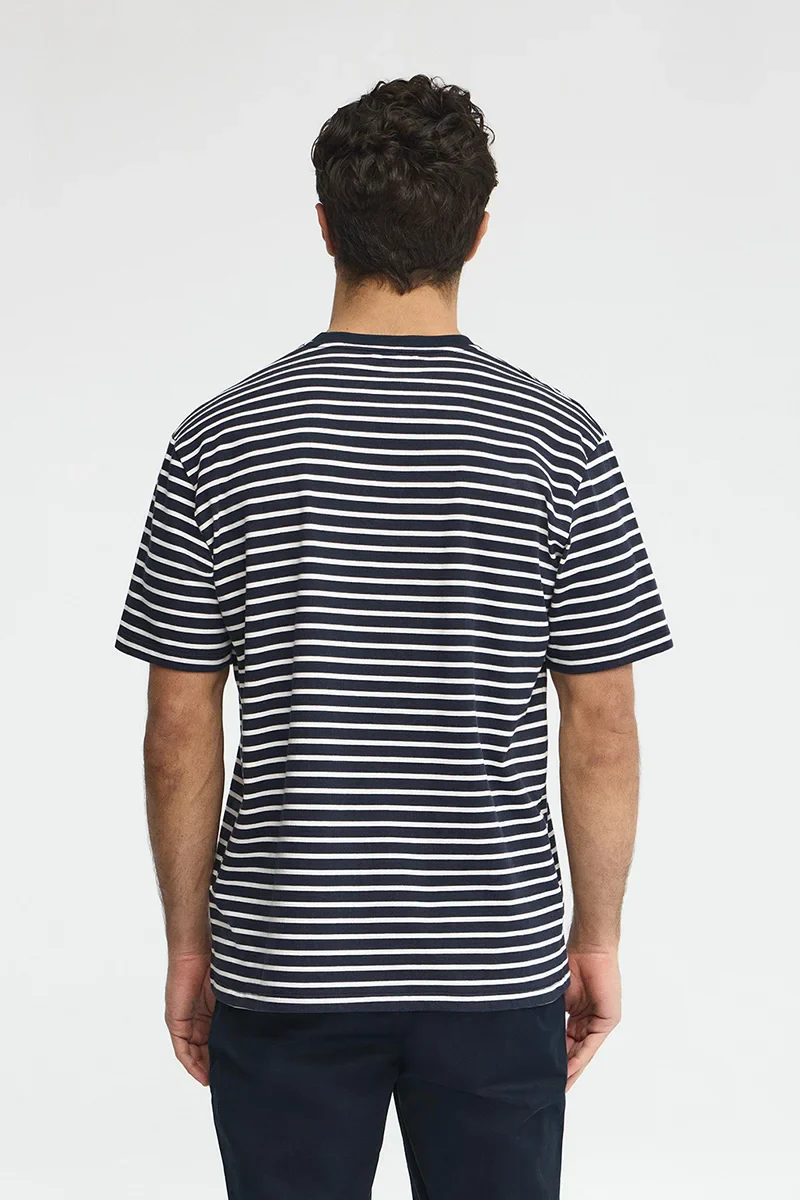 Striped loose-fit T-shirt in navy blue and nude with Rigby Go logo - Image 5