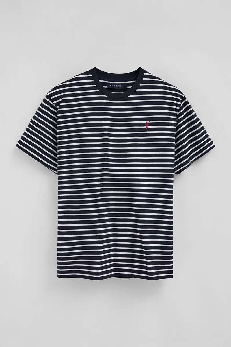 Striped loose-fit T-shirt in navy blue and nude with Rigby Go logo - Image 6