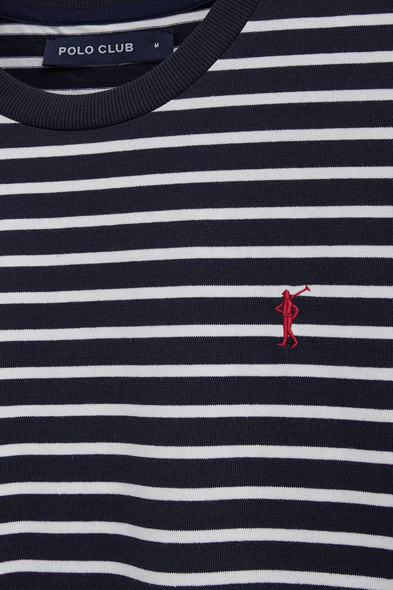 Striped loose-fit T-shirt in navy blue and nude with Rigby Go logo - Image 7