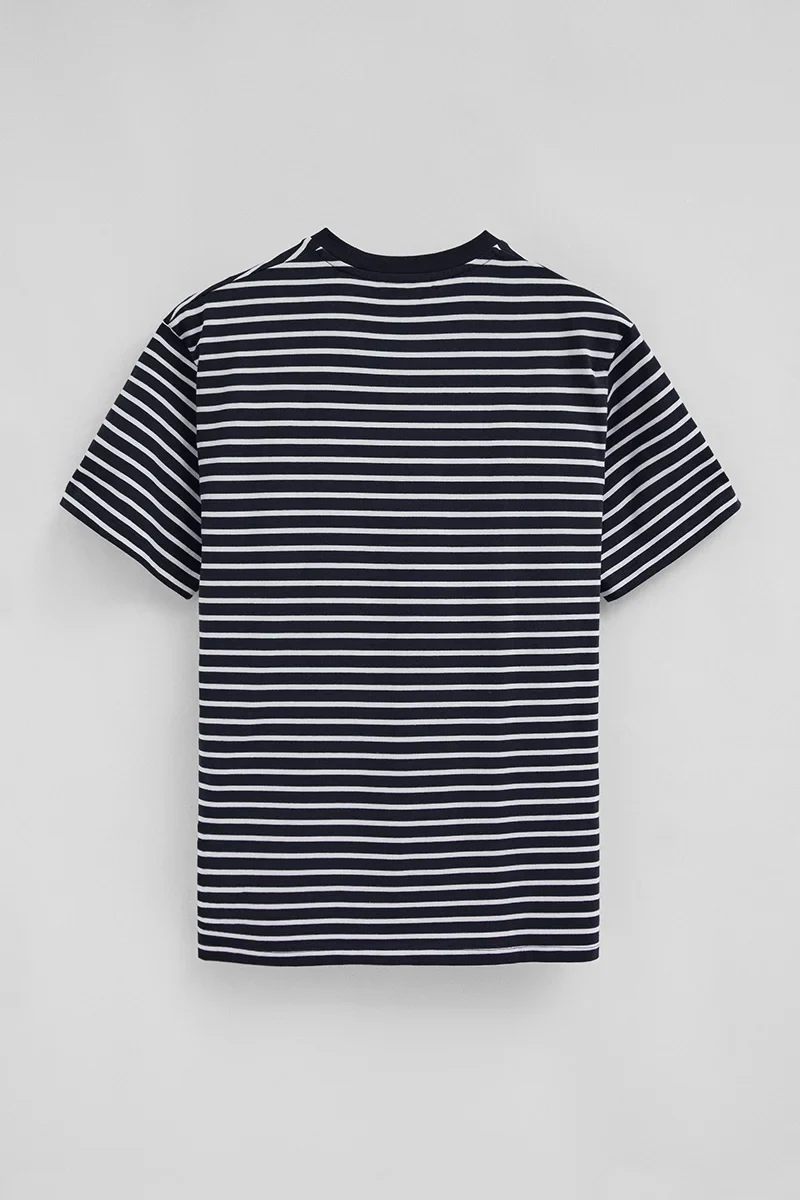 Striped loose-fit T-shirt in navy blue and nude with Rigby Go logo - Image 8