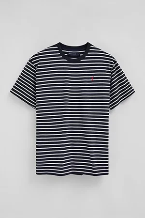 Striped loose-fit T-shirt in navy blue and nude with Rigby Go logo - Image 9