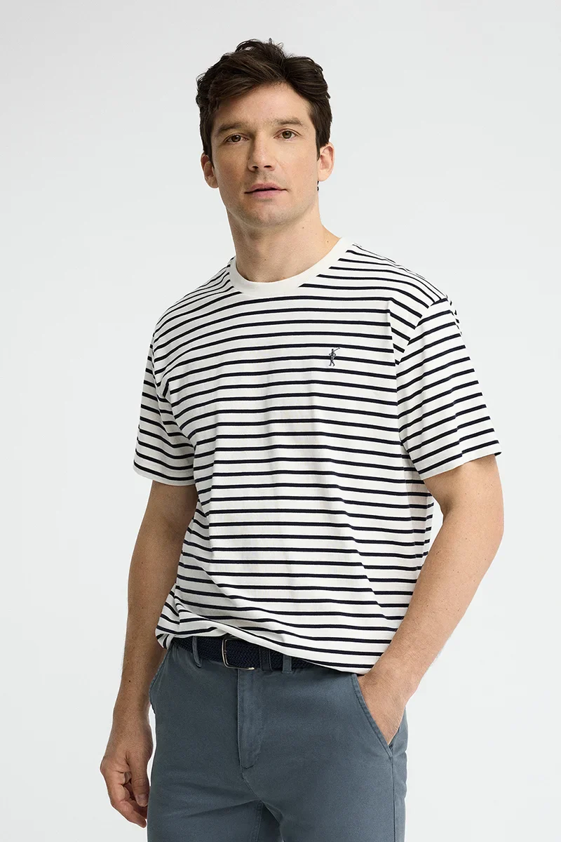 Striped loose-fit T-shirt in nude and navy blue with Rigby Go logo