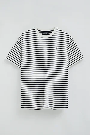 Striped loose-fit T-shirt in nude and navy blue with Rigby Go logo - Image 10