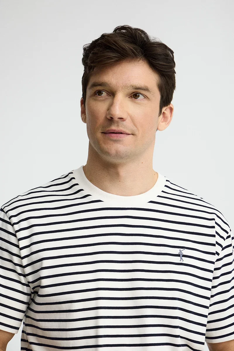 Striped loose-fit T-shirt in nude and navy blue with Rigby Go logo - Image 3