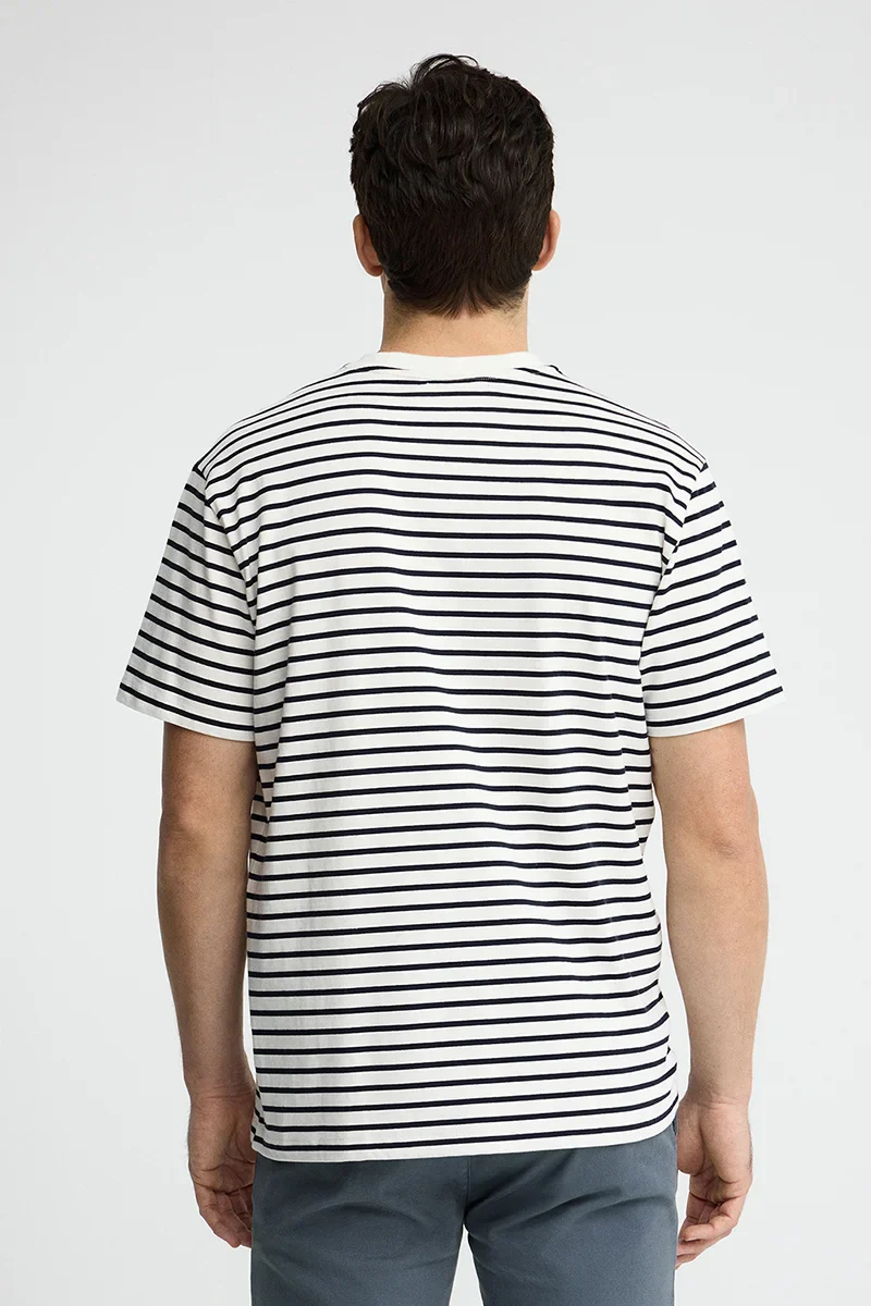 Striped loose-fit T-shirt in nude and navy blue with Rigby Go logo - Image 5