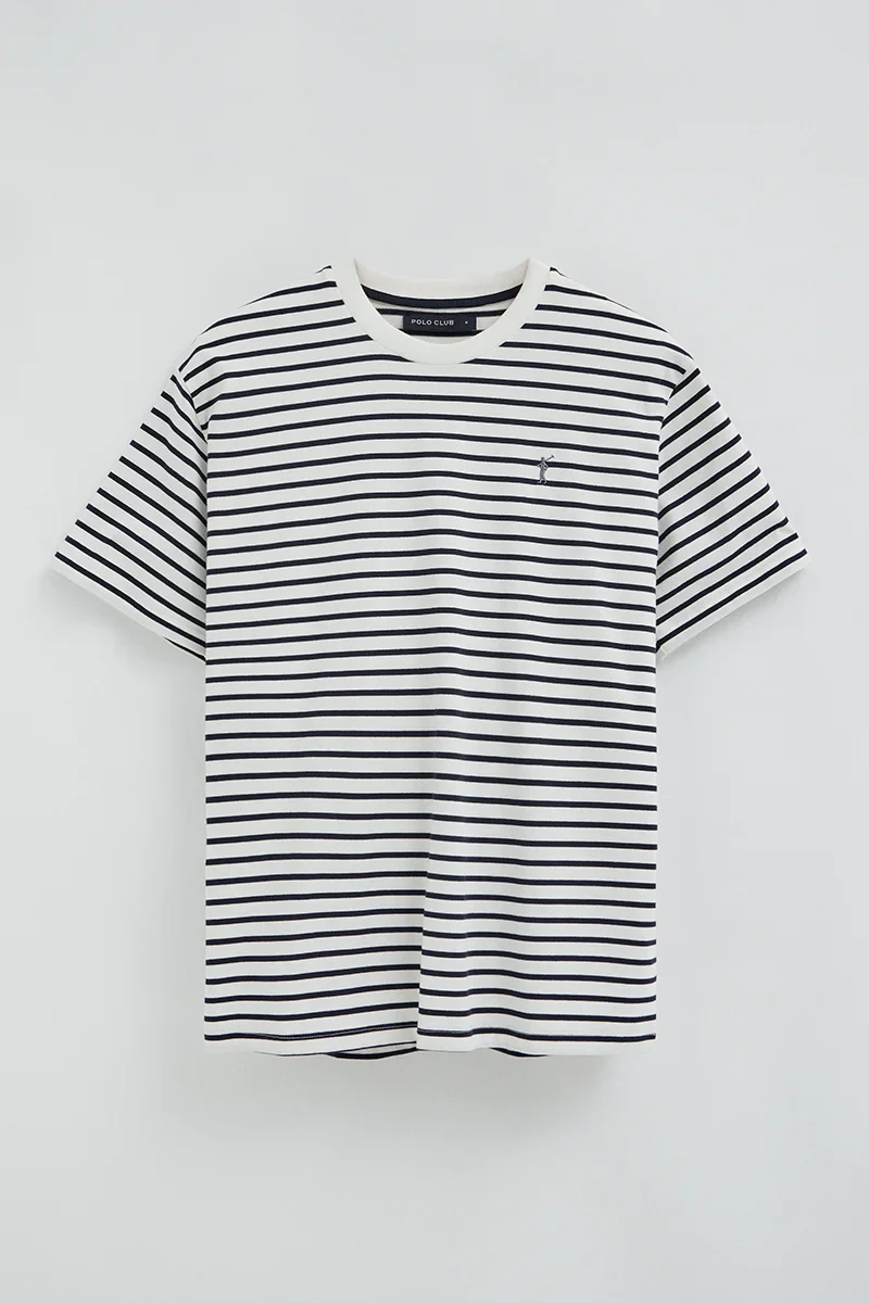 Striped loose-fit T-shirt in nude and navy blue with Rigby Go logo - Image 6