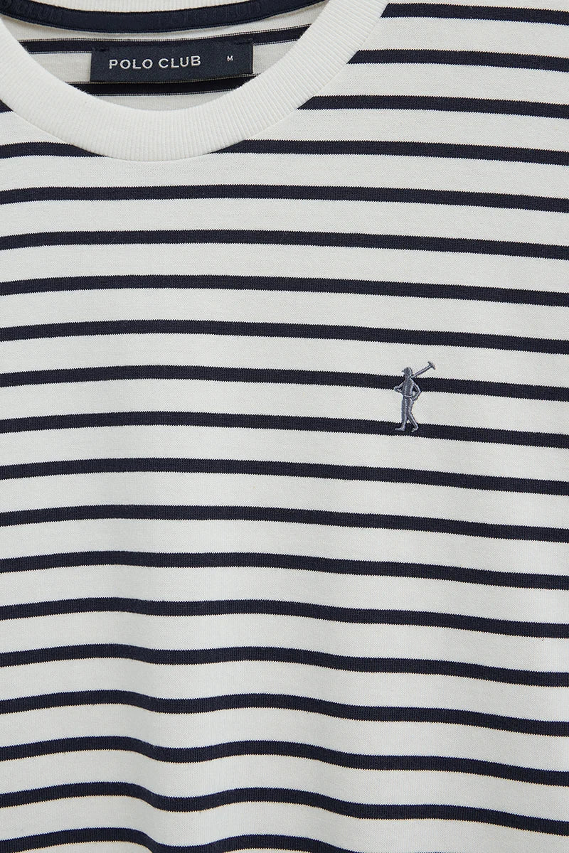 Striped loose-fit T-shirt in nude and navy blue with Rigby Go logo - Image 7