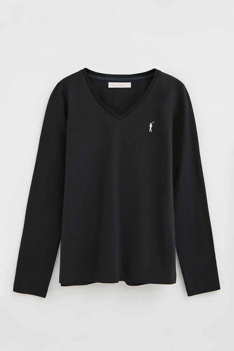 Black long-sleeve V-neck T-shirt with Rigby Go embroidery - Image 4