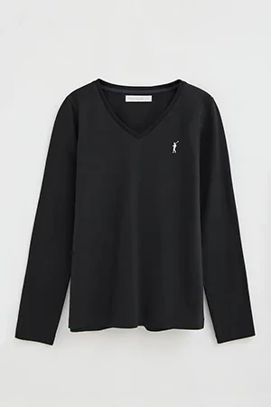 Black long-sleeve V-neck T-shirt with Rigby Go embroidery - Image 5