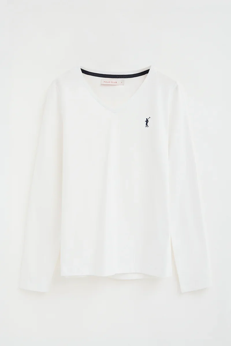 White long-sleeve V-neck T-shirt with Rigby Go embroidery - Image 8