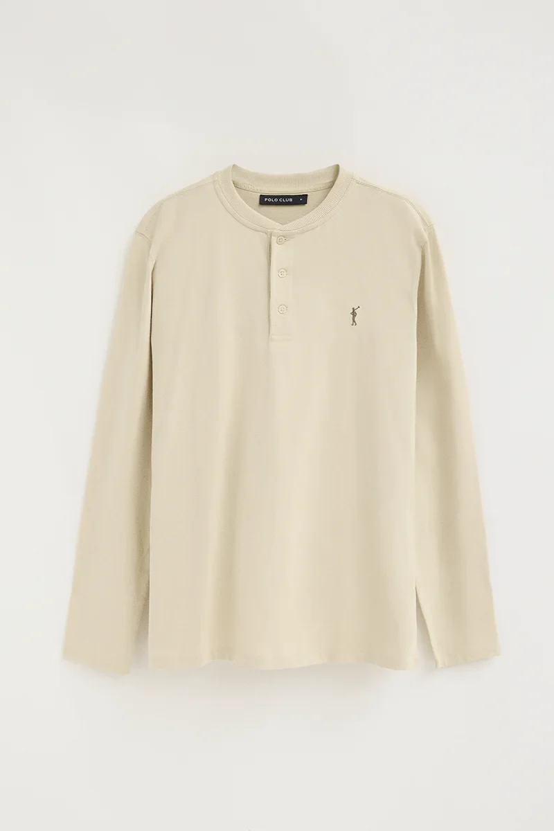 Beige Henley T-shirt with Rigby Go embroidery
