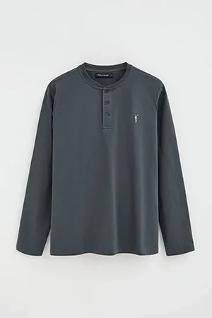 Stone-grey Henley T-shirt with Rigby Go embroidery - Image 10
