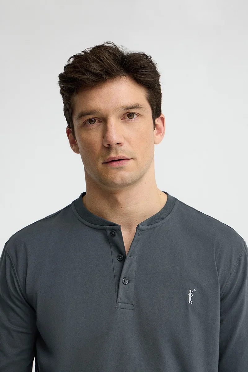 Stone-grey Henley T-shirt with Rigby Go embroidery - Image 3