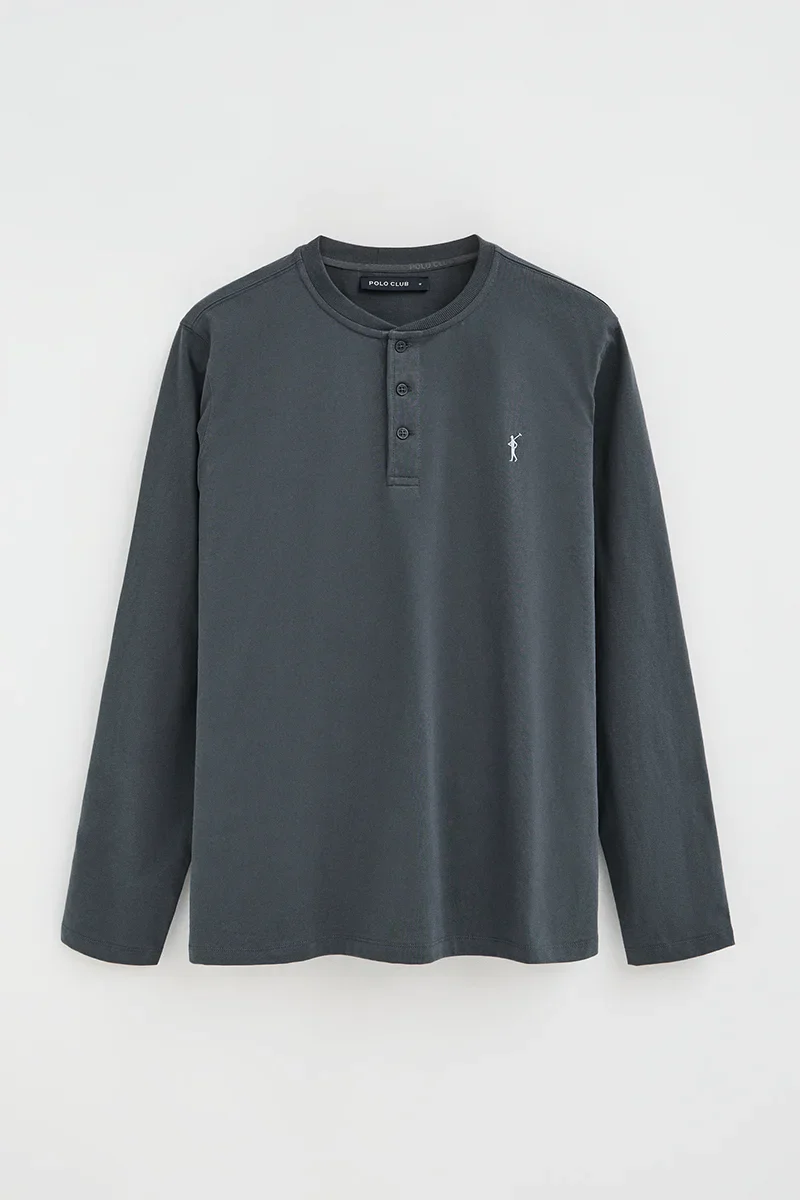 Stone-grey Henley T-shirt with Rigby Go embroidery - Image 9