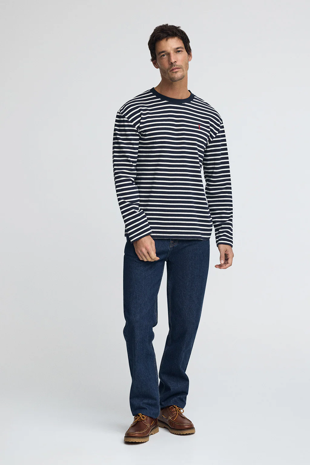 Striped T-shirt in navy blue and nude with Rigby Go embroidered logo - Image 3